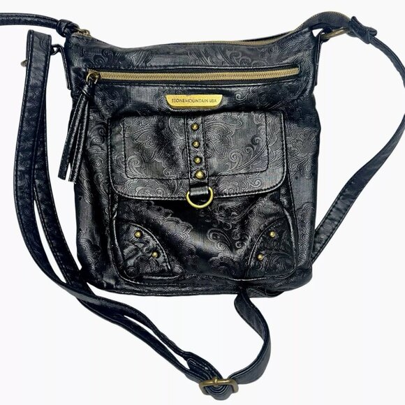 Stone Mountain USA Crossbody Purse Bag Black Embossed Faux Leather Biker Western - Picture 1 of 12